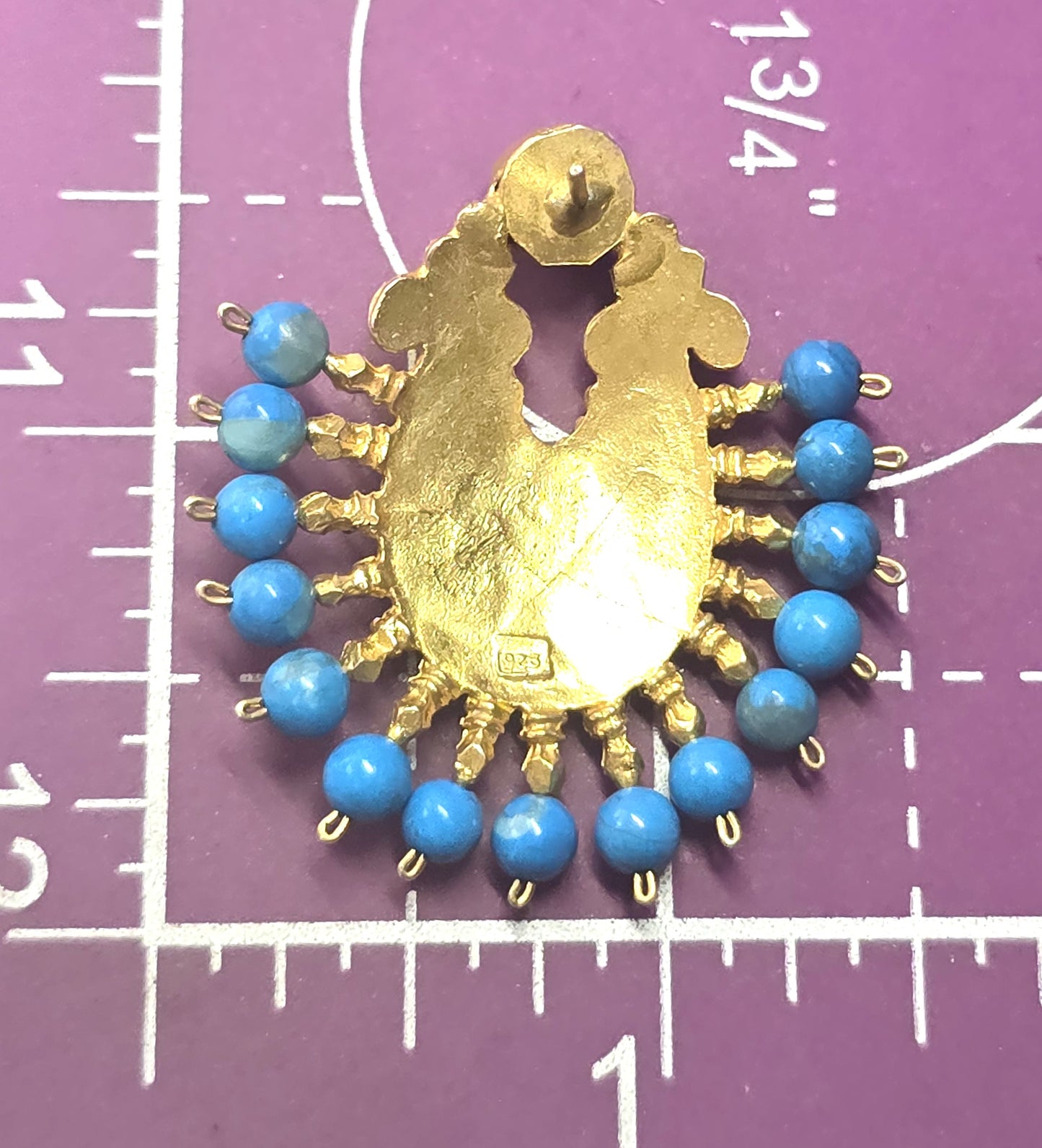 Ottoman style dyed teal blue quartz Turkish gold over sterling silver harem earrings