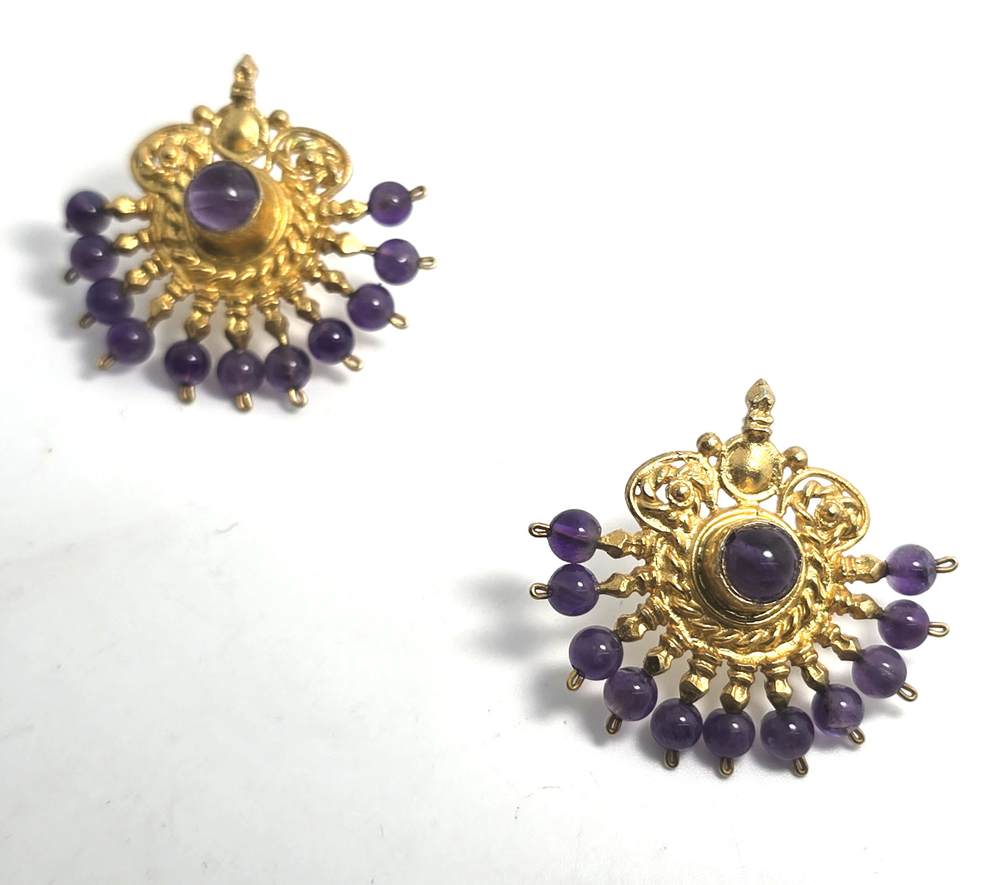 Ottoman style amethyst Turkish fan gold over sterling silver harem earrings
