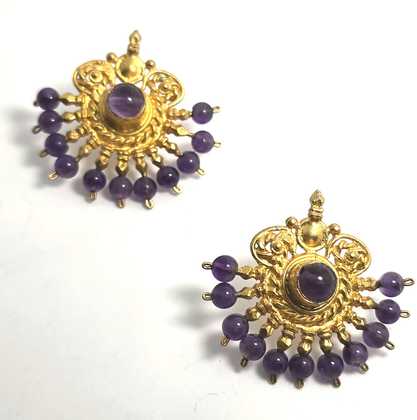 Ottoman style amethyst Turkish fan gold over sterling silver harem earrings