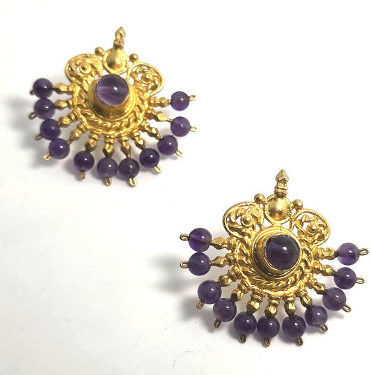 Ottoman style amethyst Turkish fan gold over sterling silver harem earrings