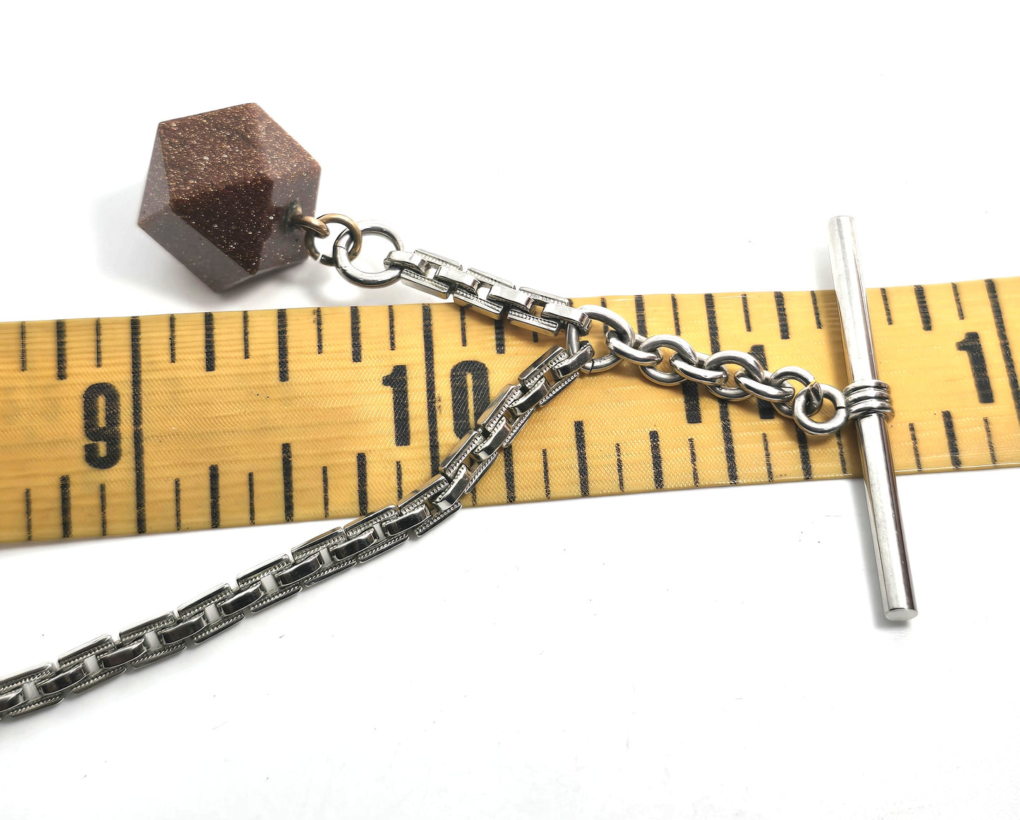 Simmons Art Deco silver toned T bar vintage watch fob chain goldstone fob set