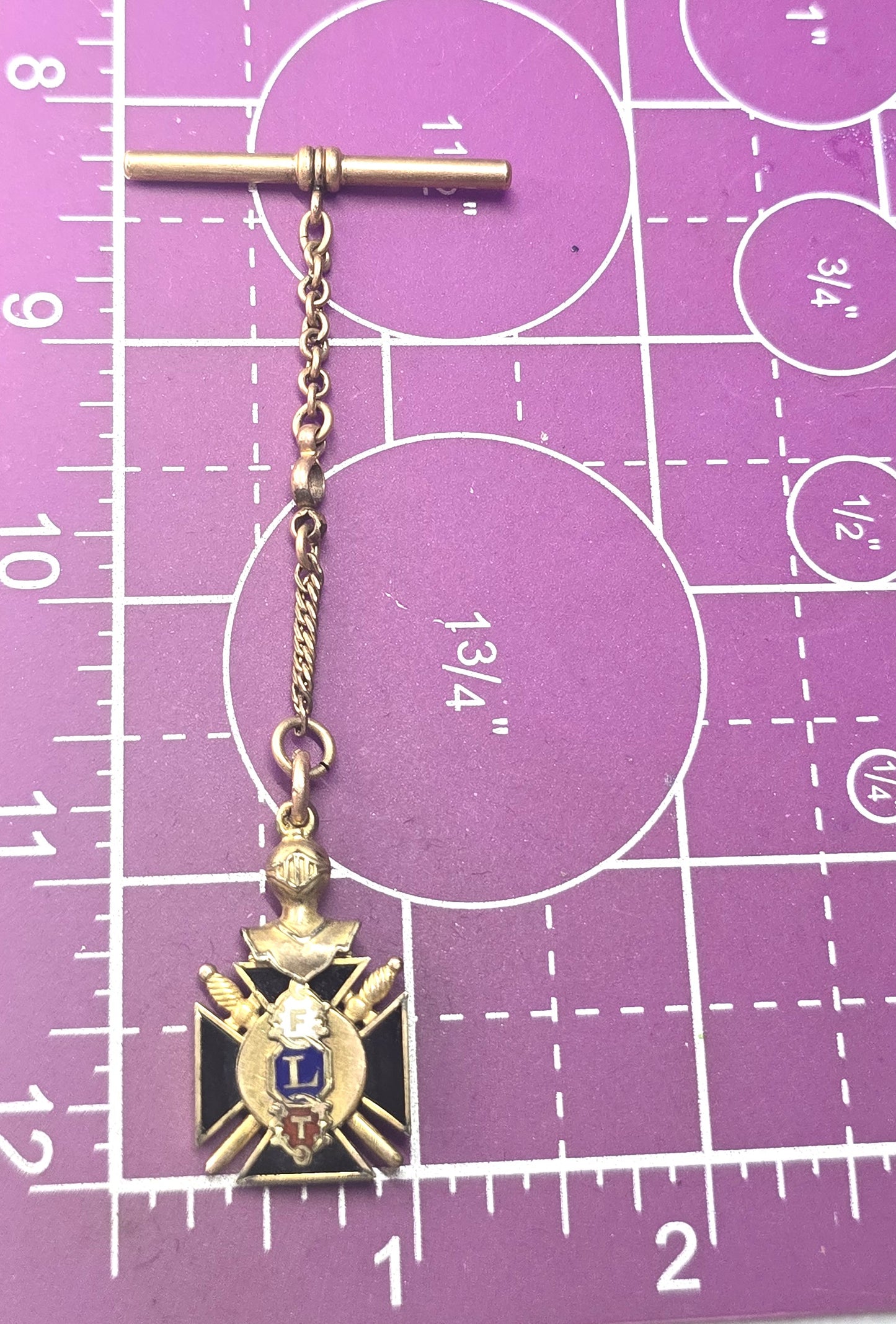 Knights of Pythias Gold filled enamel antique watch fob T bar chain