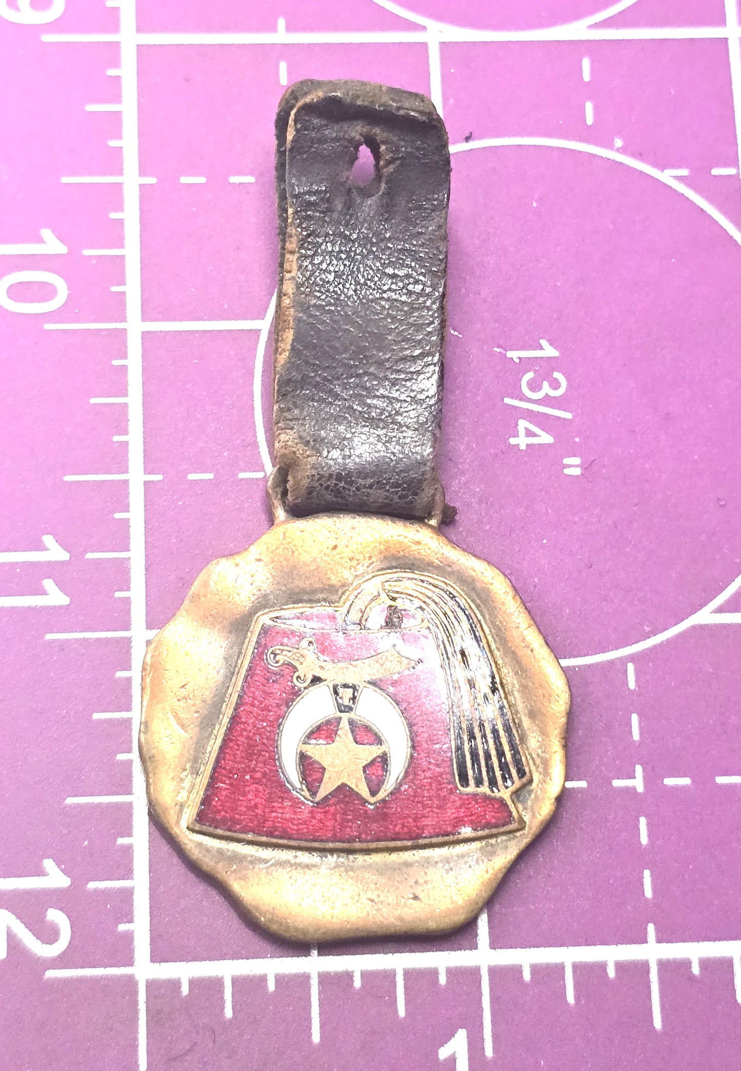 Shriner's fez charm or medallion brass leather fob charm