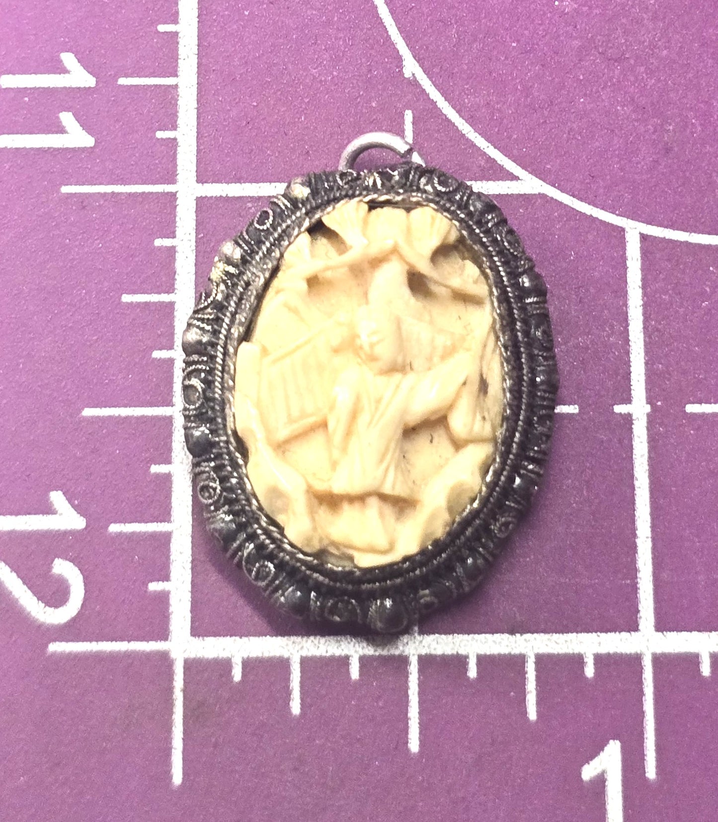 Carved Chinese Export antique sterling silver filigree geisha pendant.