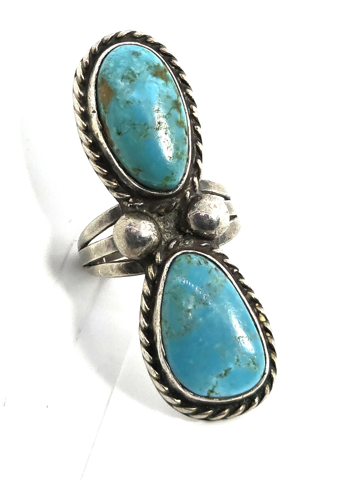 Large Double Turquoise Navajo Native American vintage sterling silver ring size 8
