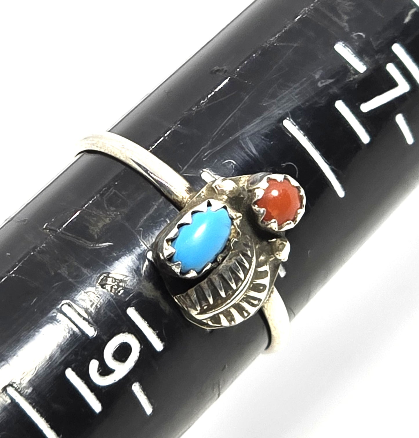 Turquoise and Red coral Navajo Native American small sterling silver ring size 8