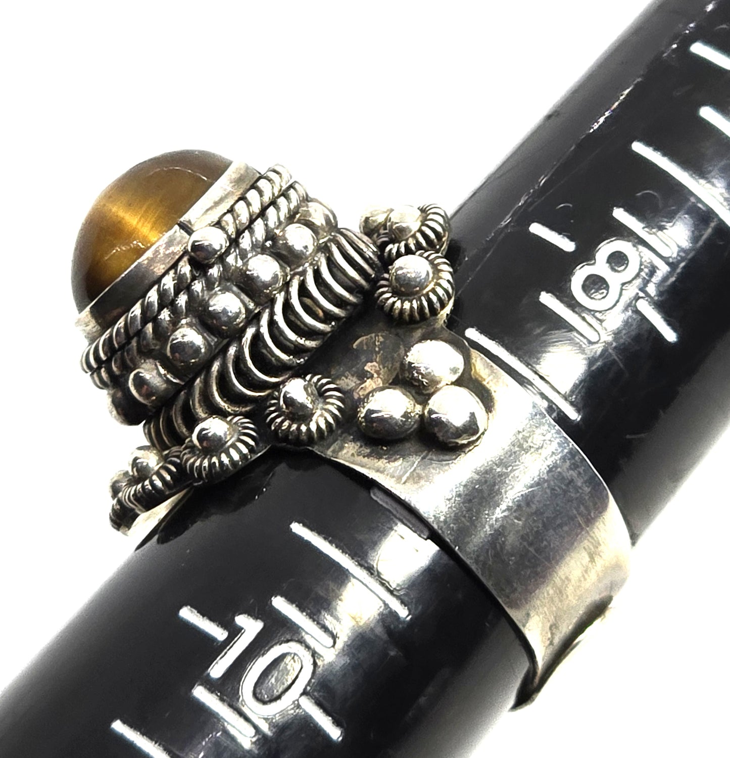 Tiger's eye Mexican Taxco sterling silver vintage Poison ring eagle mark size 9