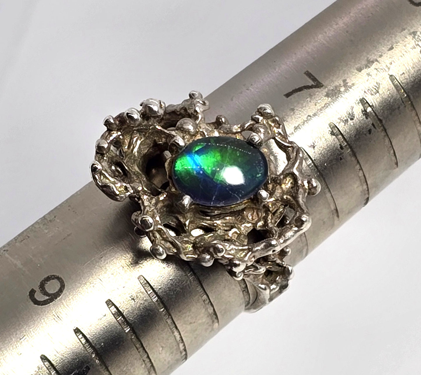 Brutalist black opal triplet crafted retro vintage sterling silver ring size 8