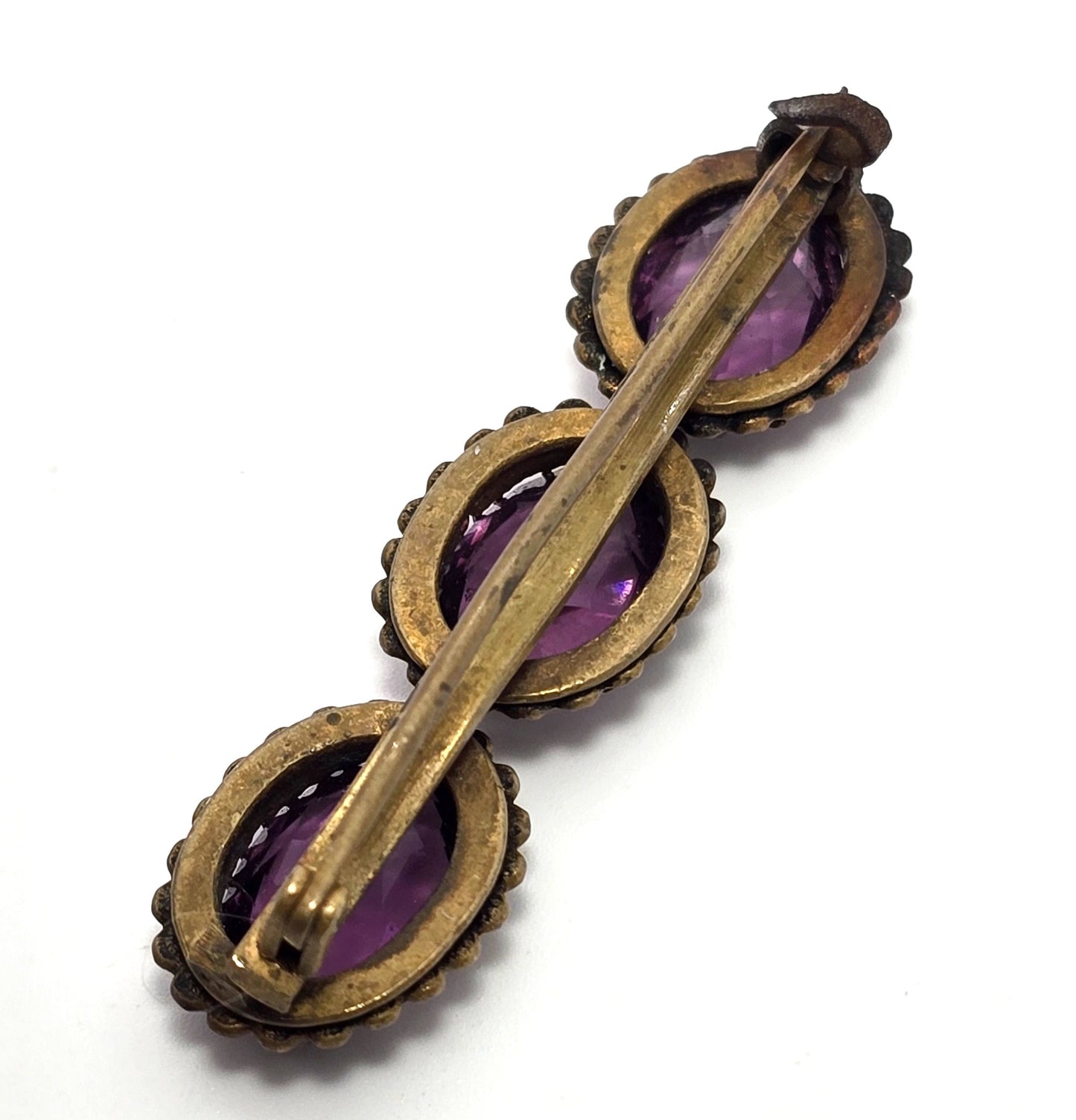 Antique Etruscan Czech Amethyst glass three stone antique Brooch bar pin 1800's
