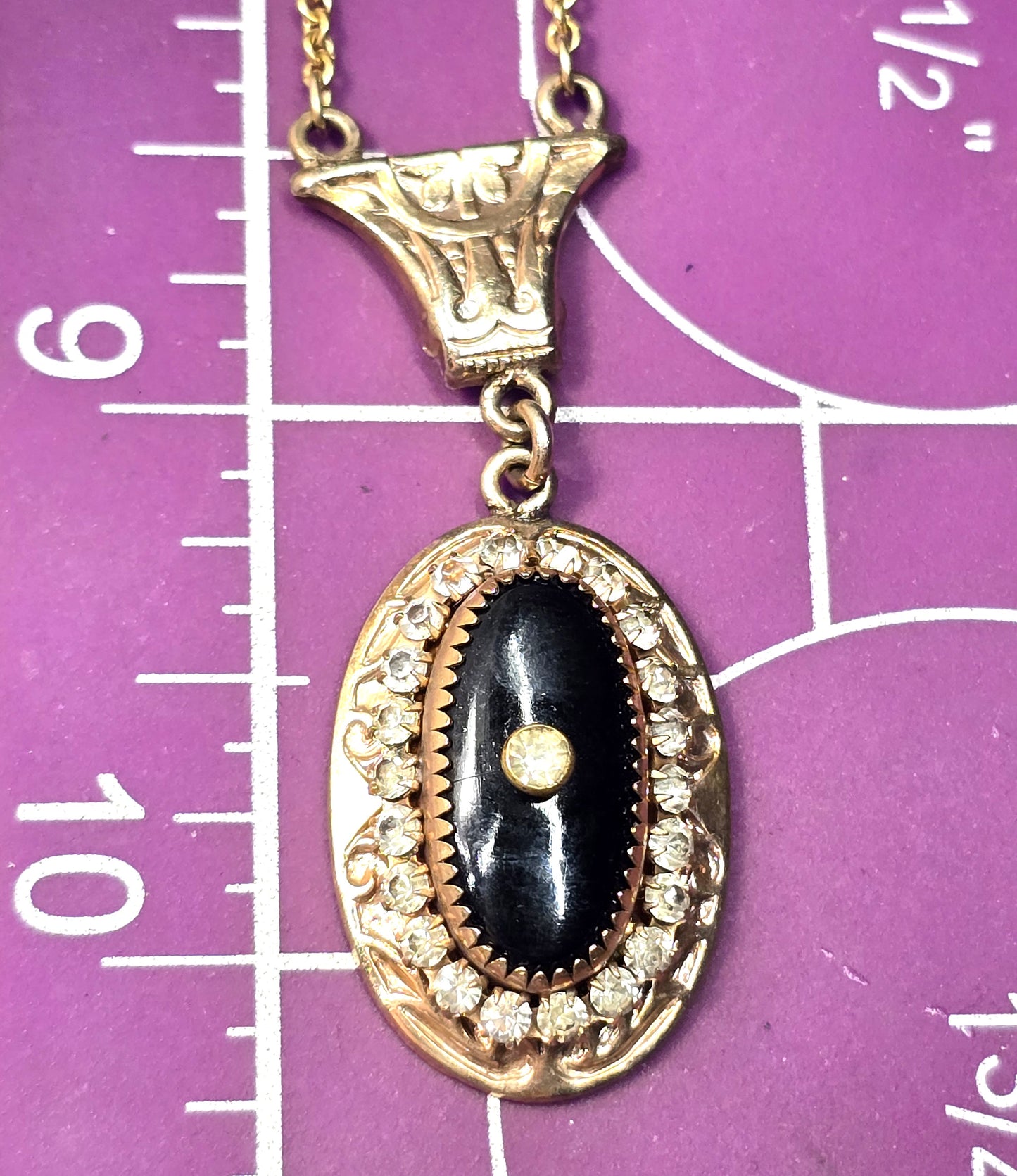 A & Z Co Victorian 12k Yellow Gold filled black rhinestone lavalier antique necklace