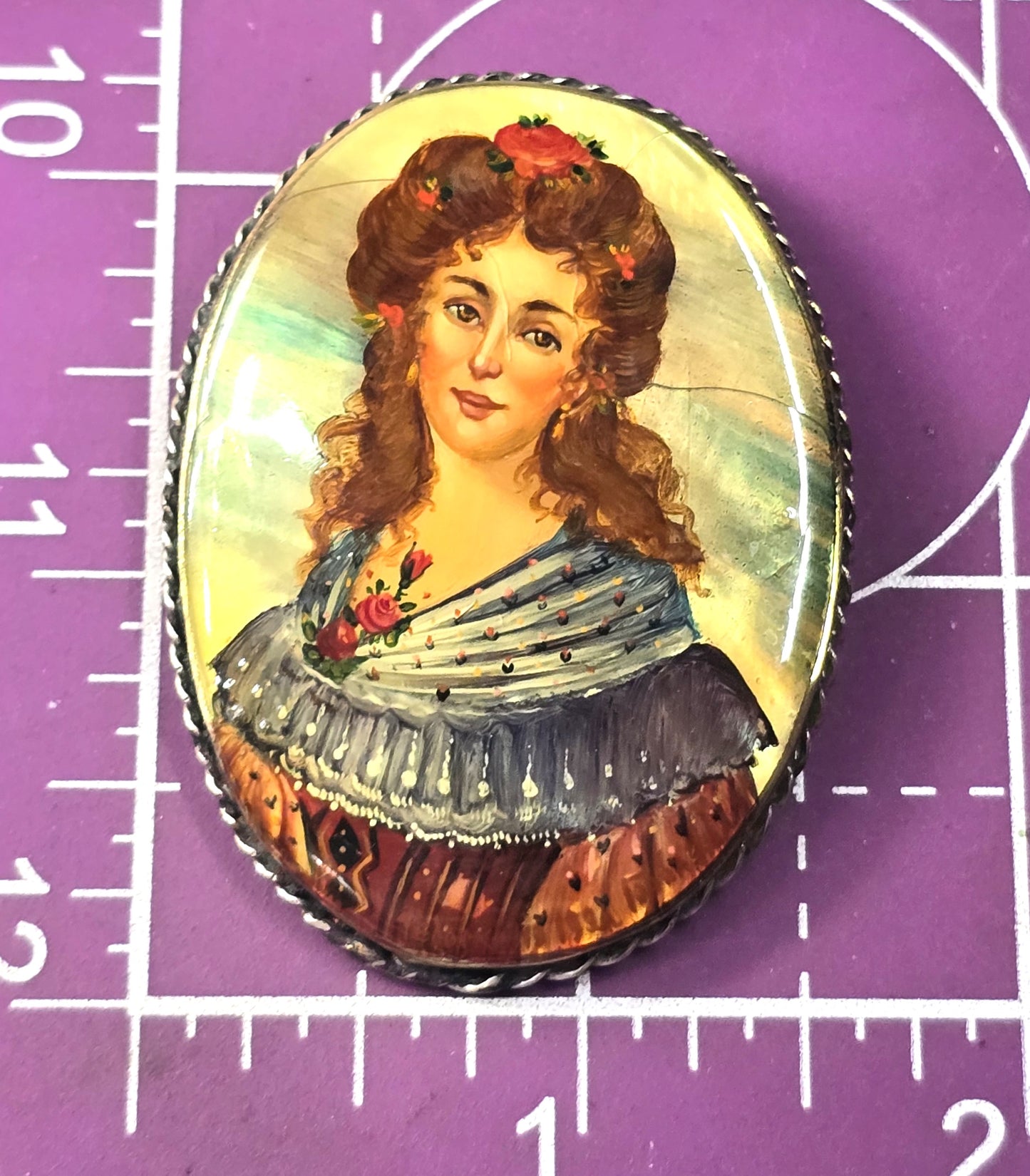 Russian hand painted women in red Mother of pearl MOP vintage brooch