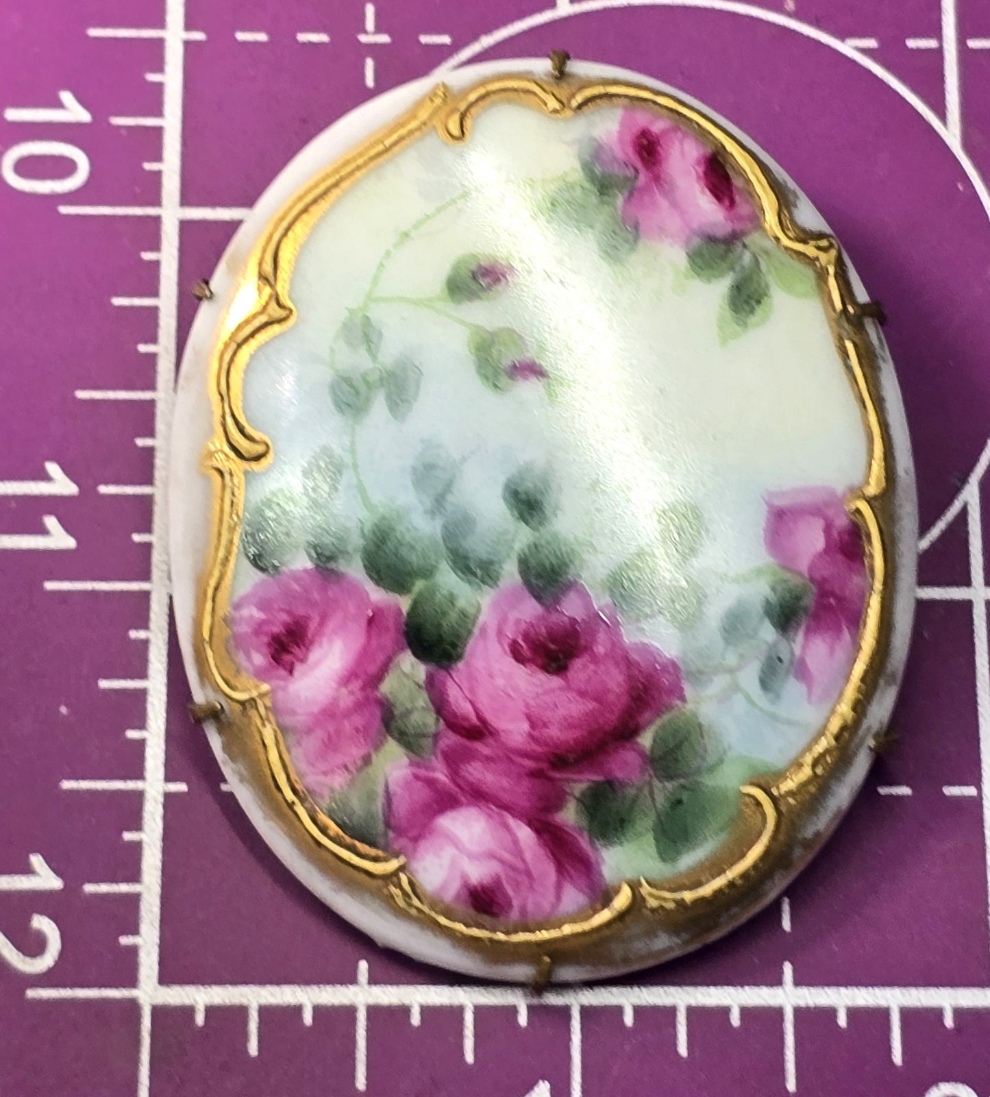 Pink Roses Painted Porcelain gold rimmed antique Victorian brooch 1900's