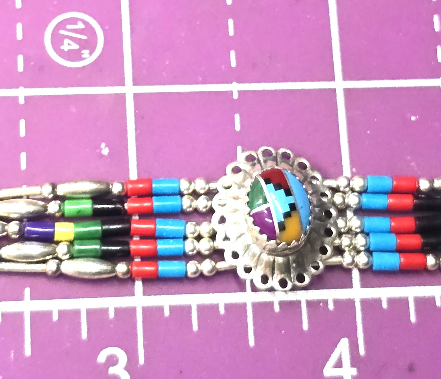 Liquid silver inlay multi stone Heishi bead sterling silver concho vintage bracelet