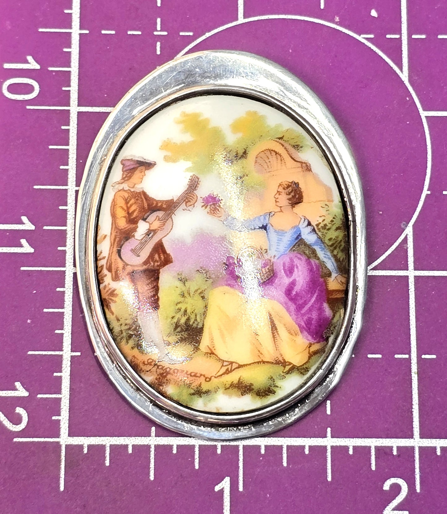 Limoges Made in France Porcelain Courting Couple antique sterling silver pendant