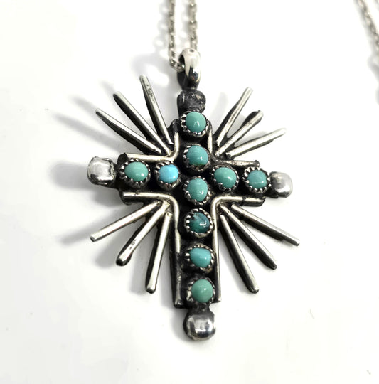 Native American Zuni petite point sterling silver vintage starburst cross necklace