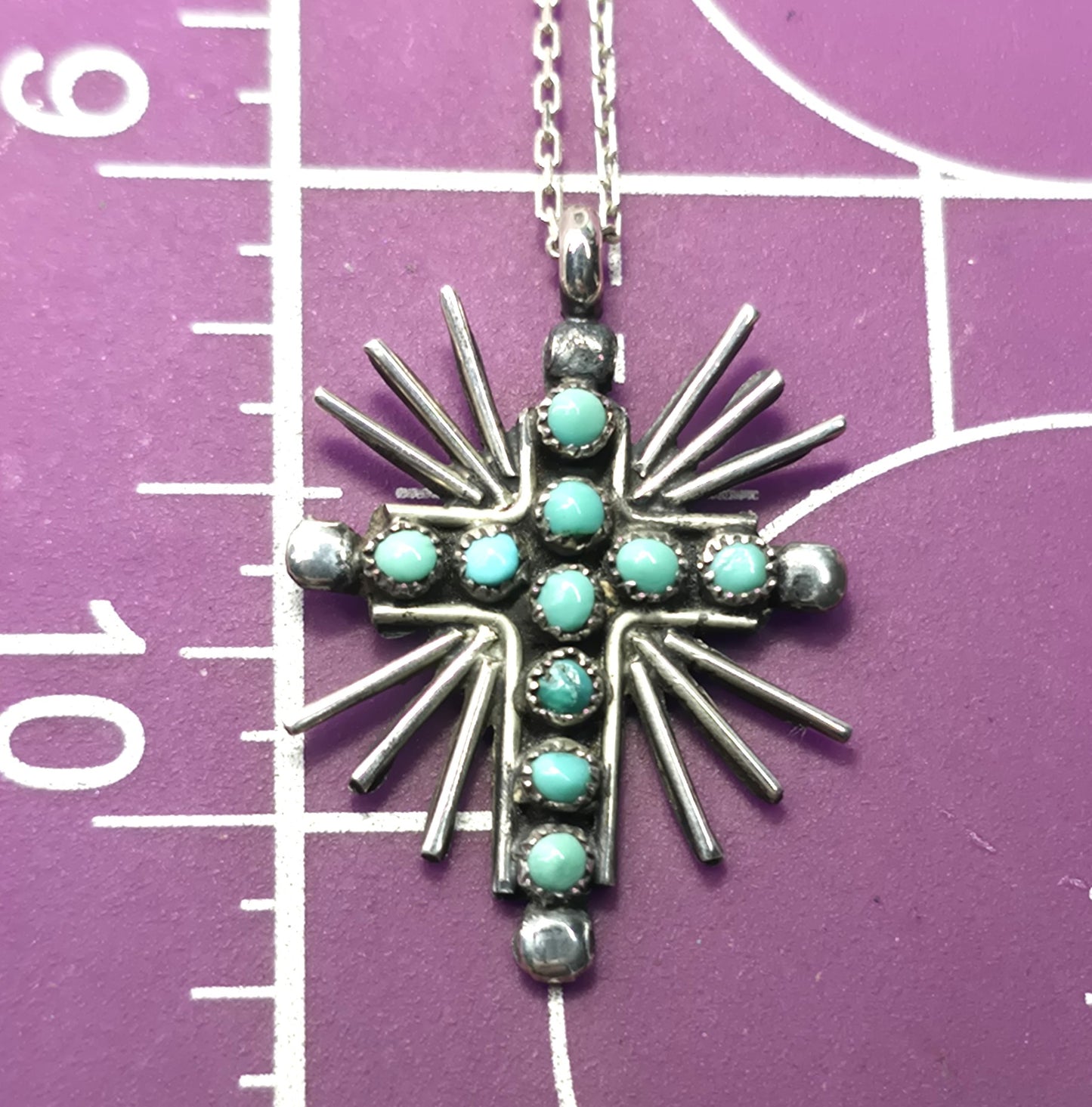 Native American Zuni petite point sterling silver vintage starburst cross necklace