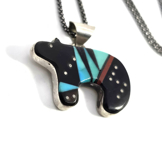 Grace Smith Navajo bear multi gemstone inlay sterling silver vintage pendant necklace