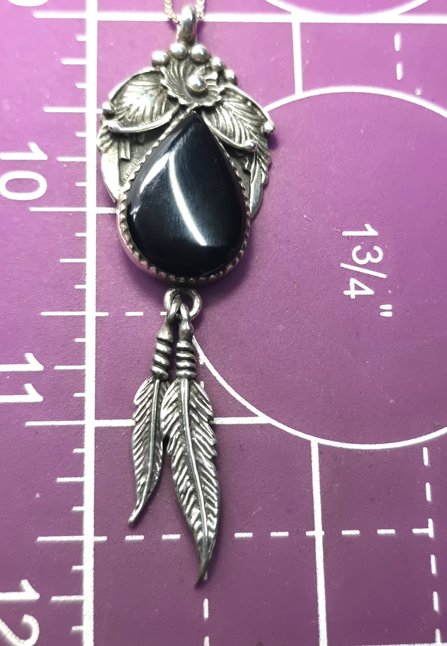 Black Onyx Feather sterling silver Native American flower vintage necklace