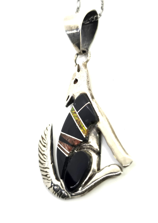 Calvin Begay Navajo wolf onyx opal gemstone inlay vintage sterling silver necklace