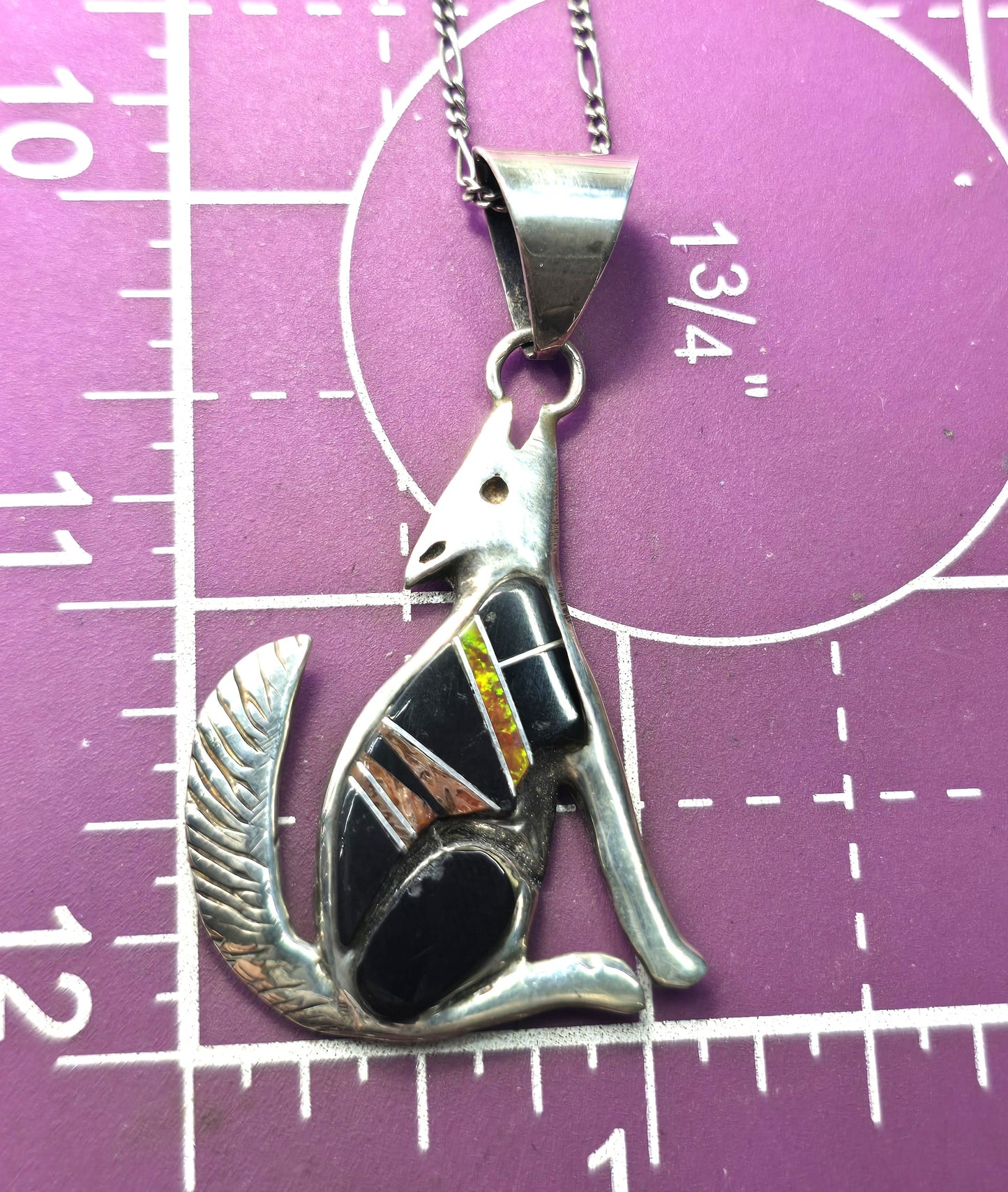 Calvin Begay Navajo wolf onyx opal gemstone inlay vintage sterling silver necklace