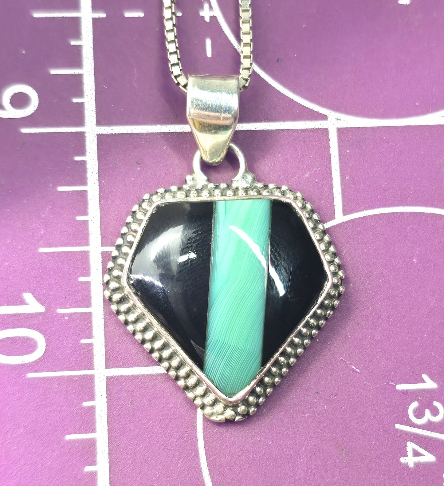 Banded Malachite stripped black onyx inlay artisan vintage sterling silver necklace