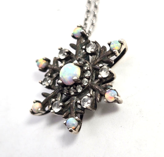 White fire opal snowflake white topaz sterling silver SUN winter pendant necklace