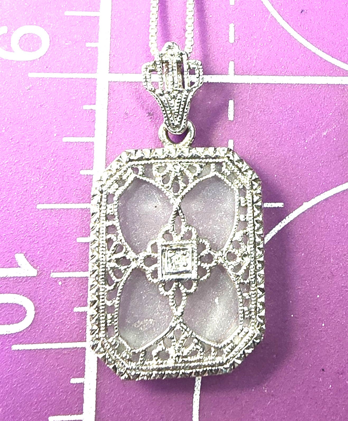 Camphor glass diamond Vintage company sterling silver filigree pendant necklace.