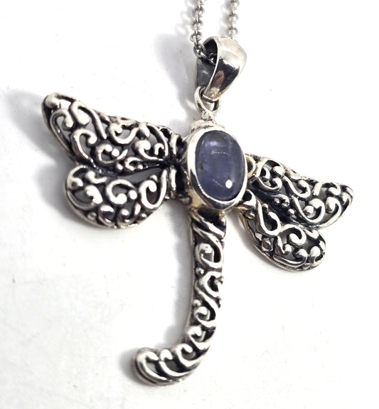 Dragonfly tanzanite tribal sterling silver Balinese Bali pendant necklace