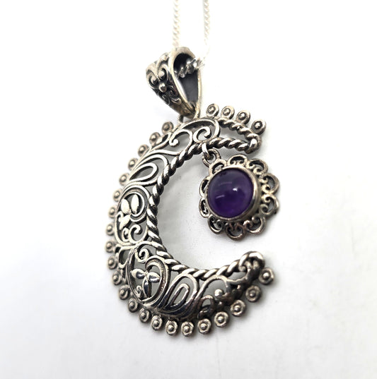 Crescent moon tribal Balinese Bali amethyst sterling silver D'Joy necklace