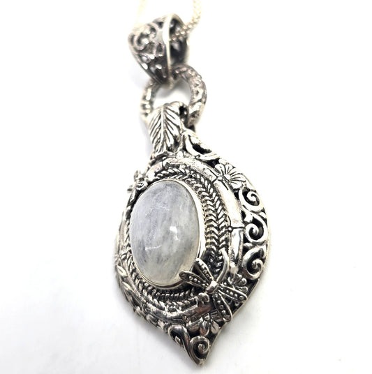 Dragonfly Blue Moonstone large sterling silver tribal Balinese pendant necklace