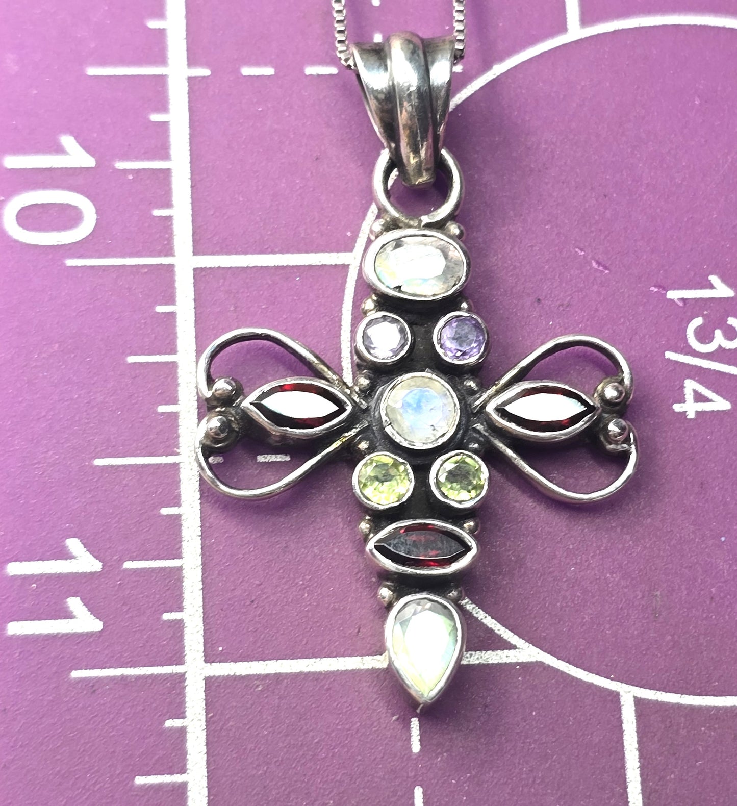 Multi gemstone cross garnet amethyst peridot moonstone sterling silver necklace