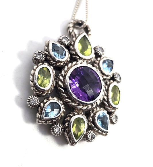 Judith Ripka Multi gemstone amethyst peridot topaz CZ sterling silver necklace