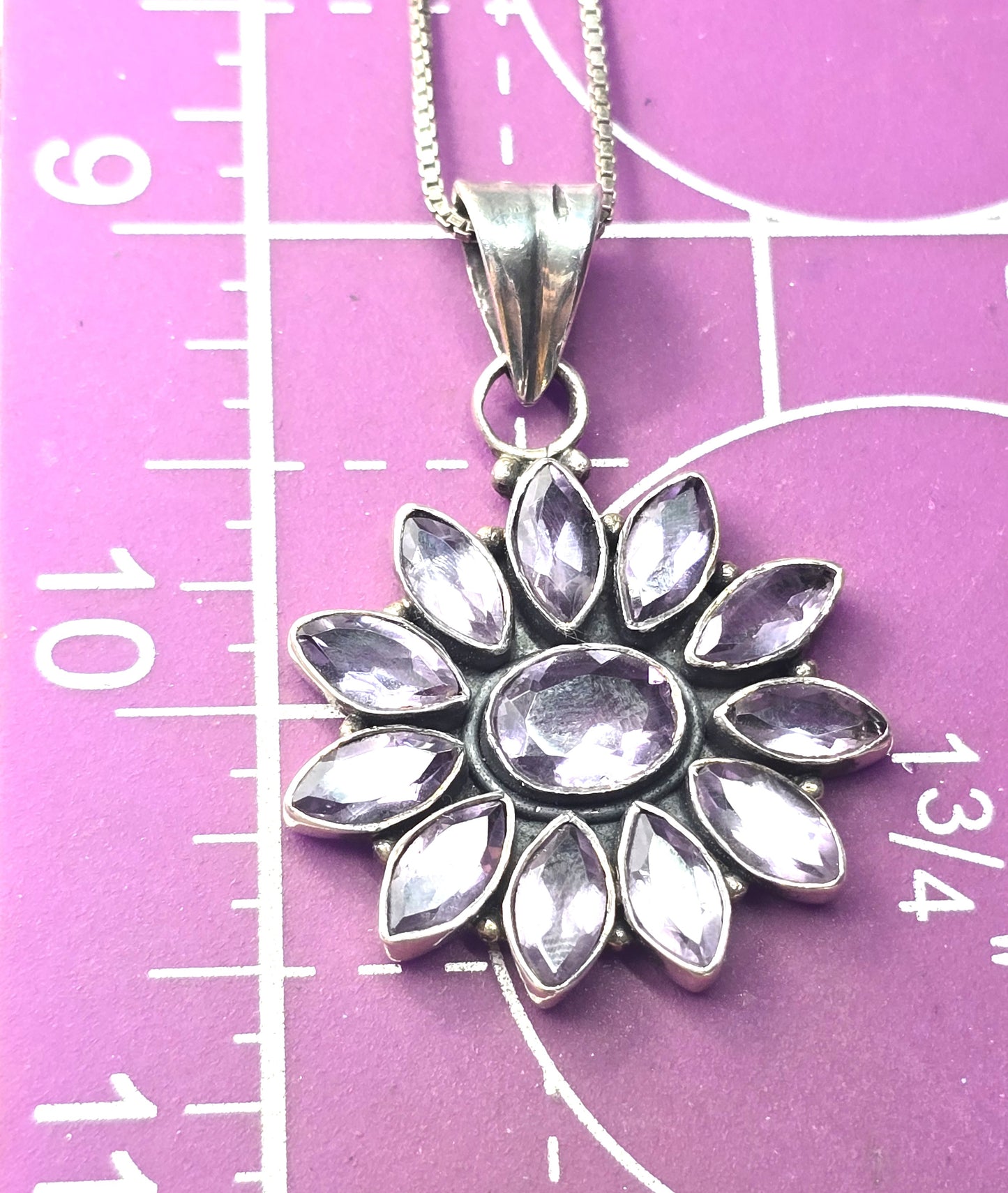 Amethyst flower purple multi gemstone sterling silver vintage pendant necklace