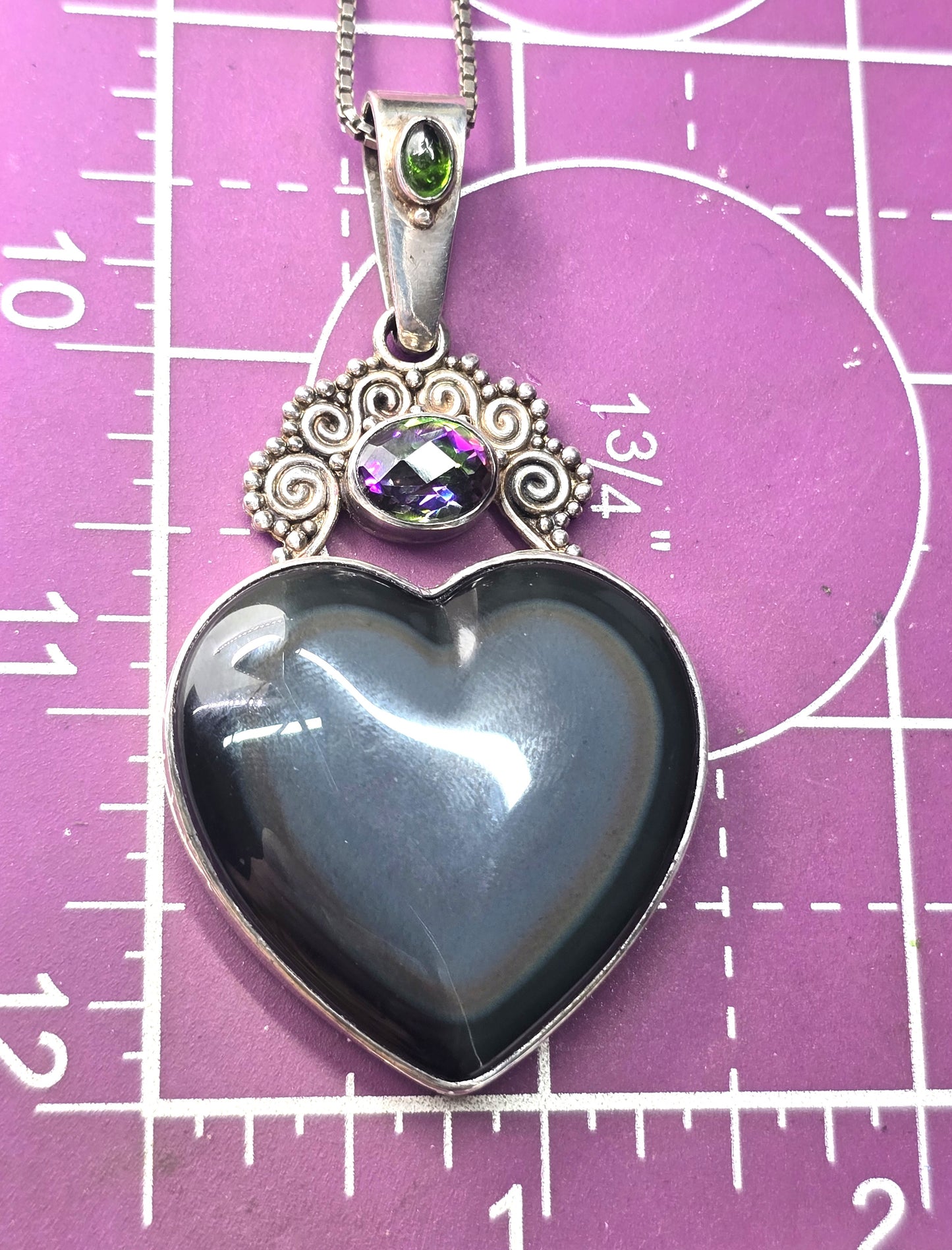 Sajen rainbow obsidian Large heart mystic topaz tribal Bali sterling silver necklace
