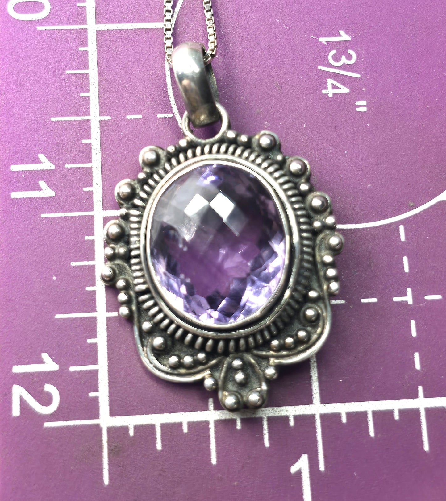 Amethyst large faceted tribal sterling silver Balinese Bali pendant necklace