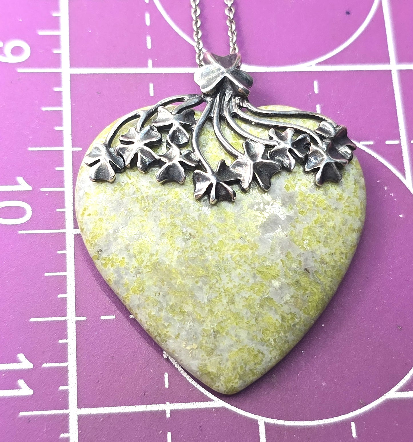 Connemara marble Blarney stone heart signed sterling silver lucky clover necklace