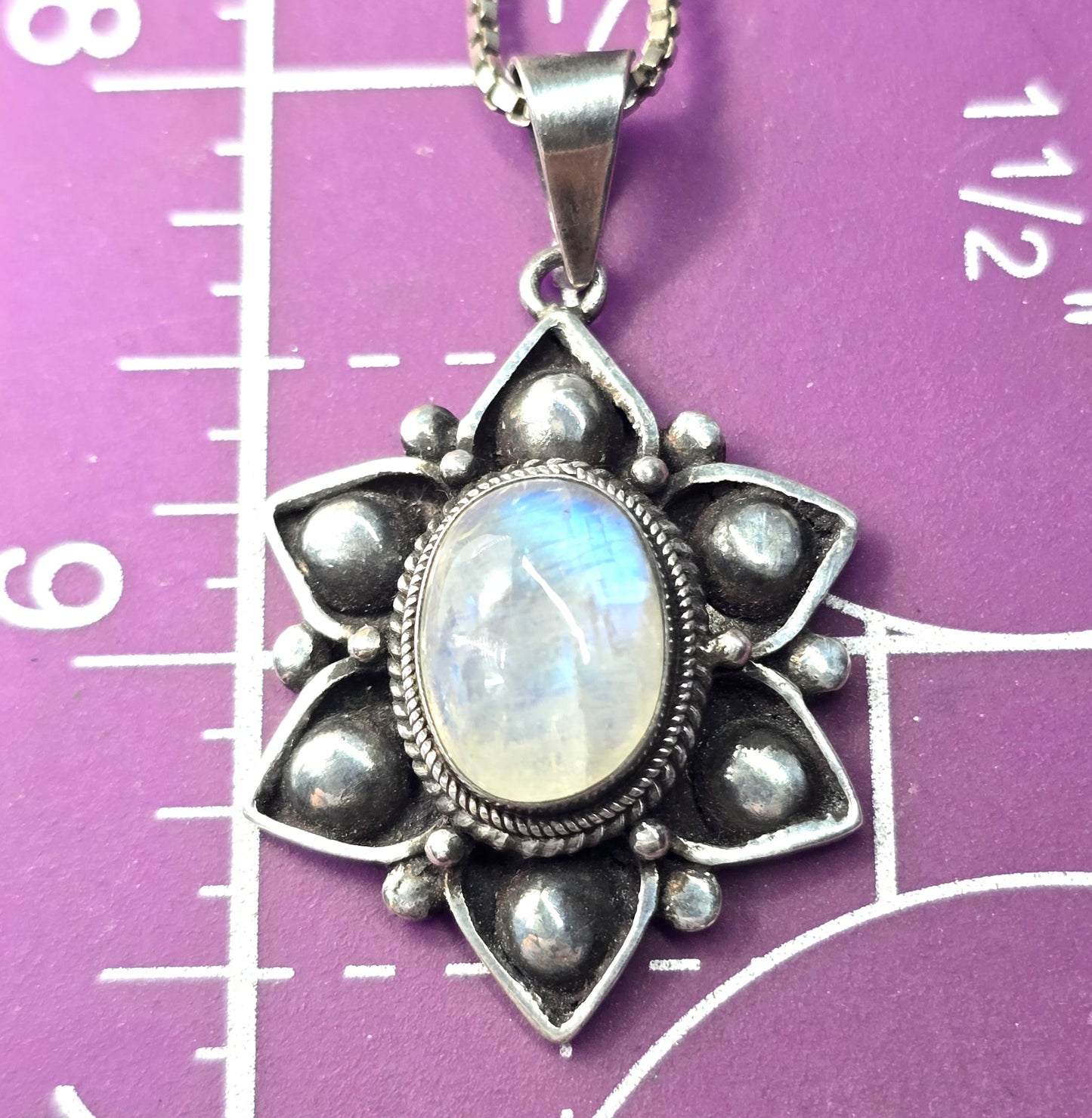 Rainbow Moonstone flashy tribal Balinese flower sterling silver pendant necklace