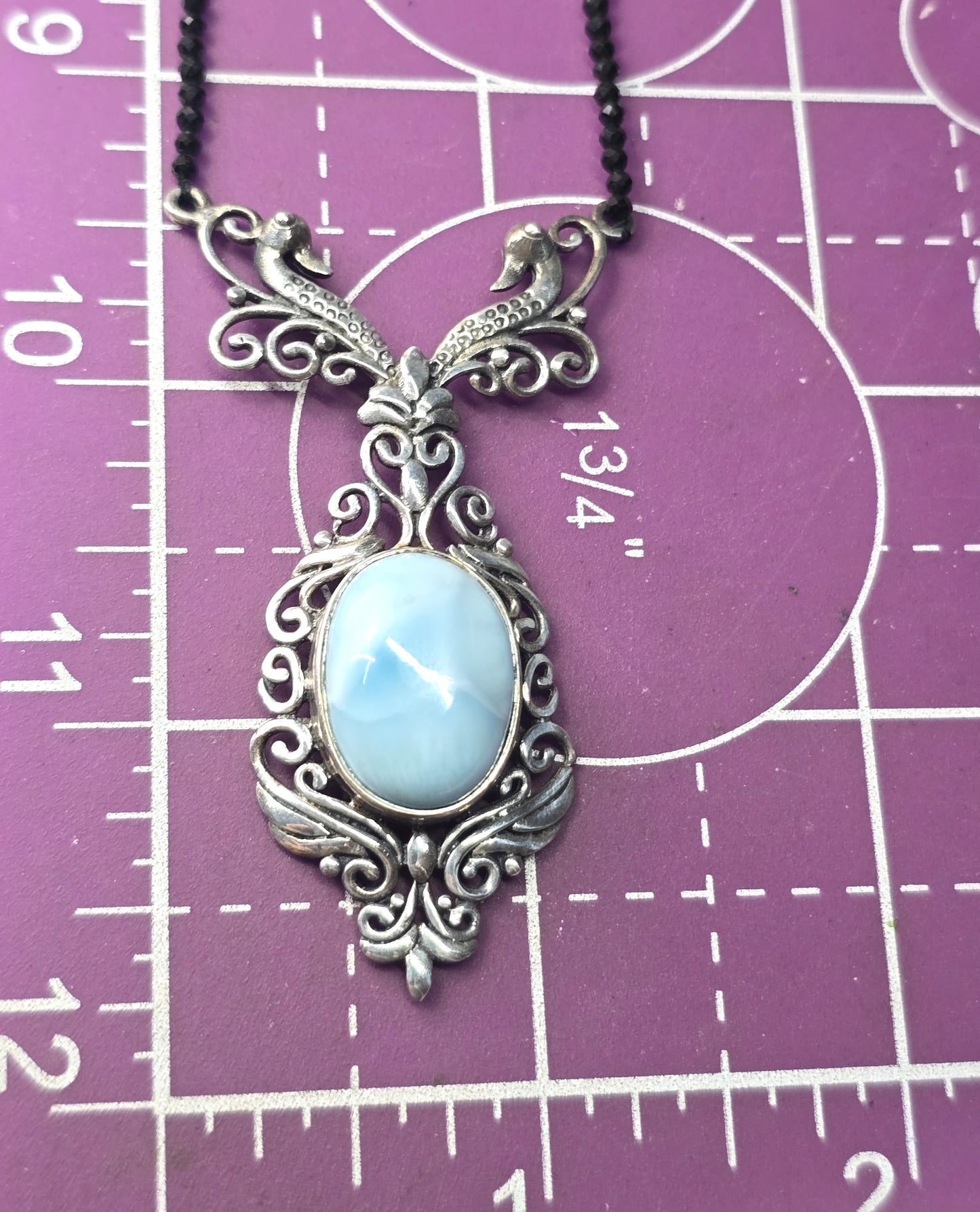 Larimar double swan filigree sterling silver black crystal beaded statement necklace