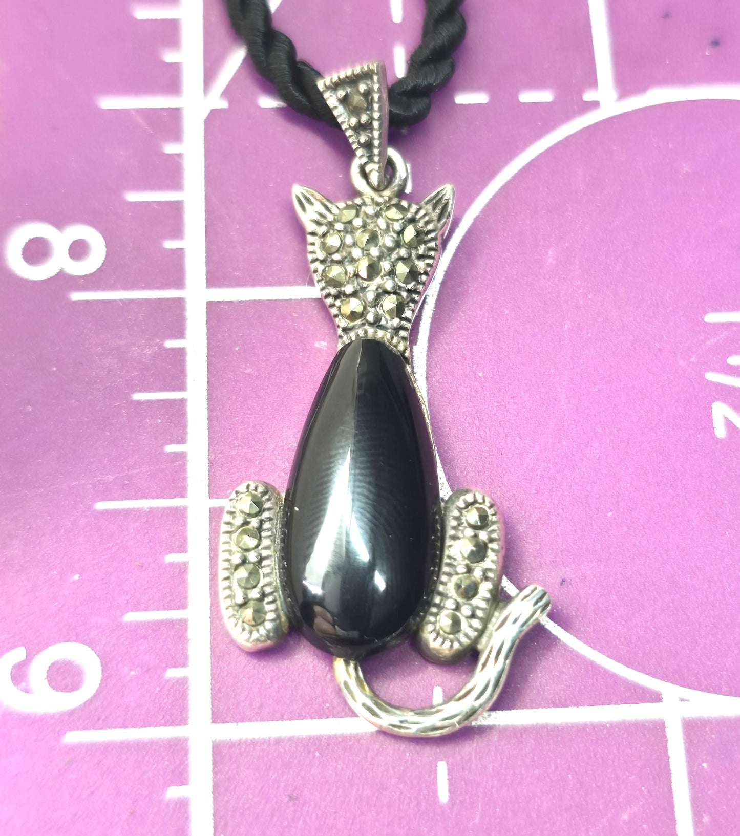 Sitting pretty cat black onyx and marcasite sterling silver retro corded necklace