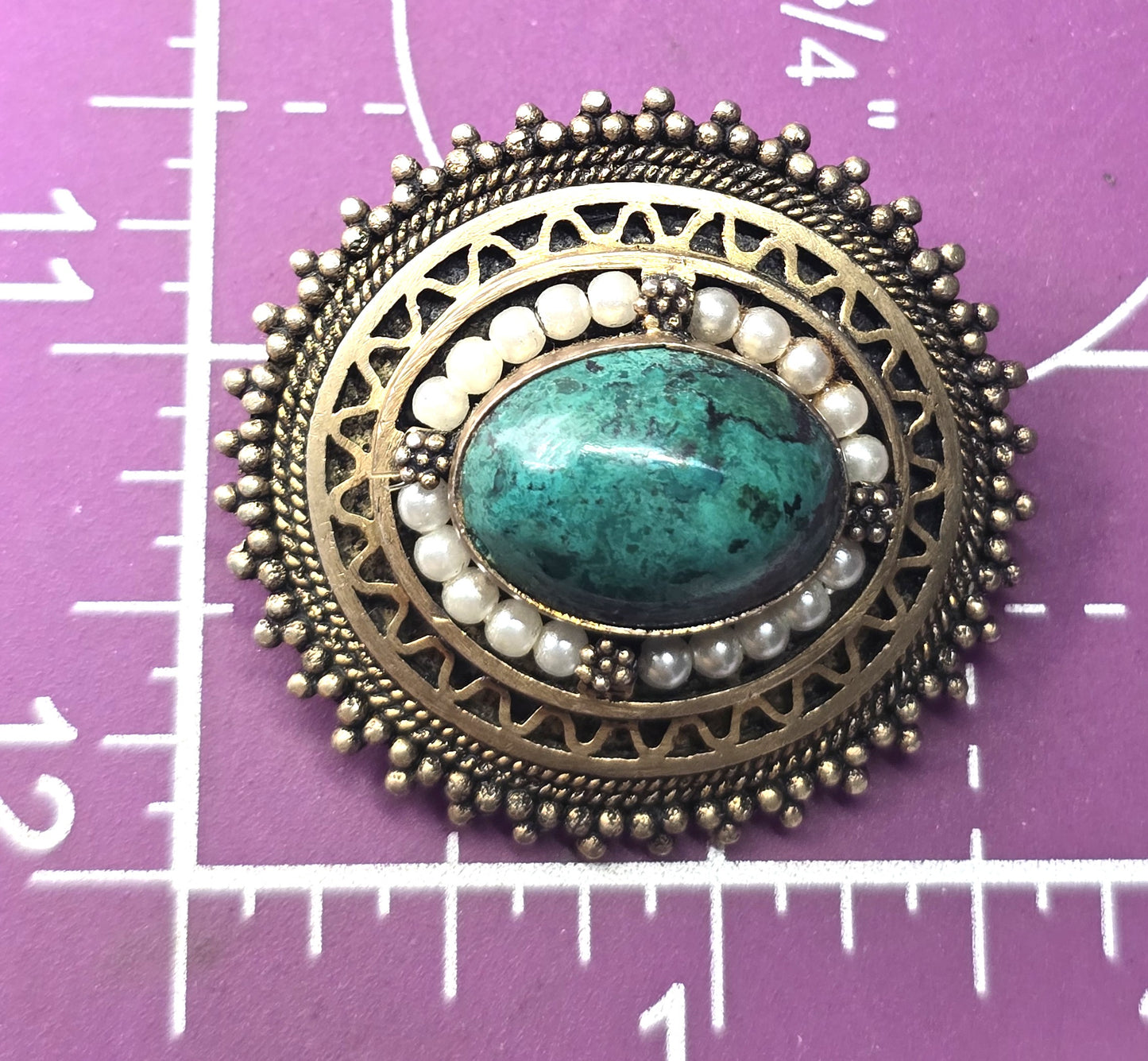 Eilat Stone white pearl Israel vintage vermeil gold over sterling silver brooch