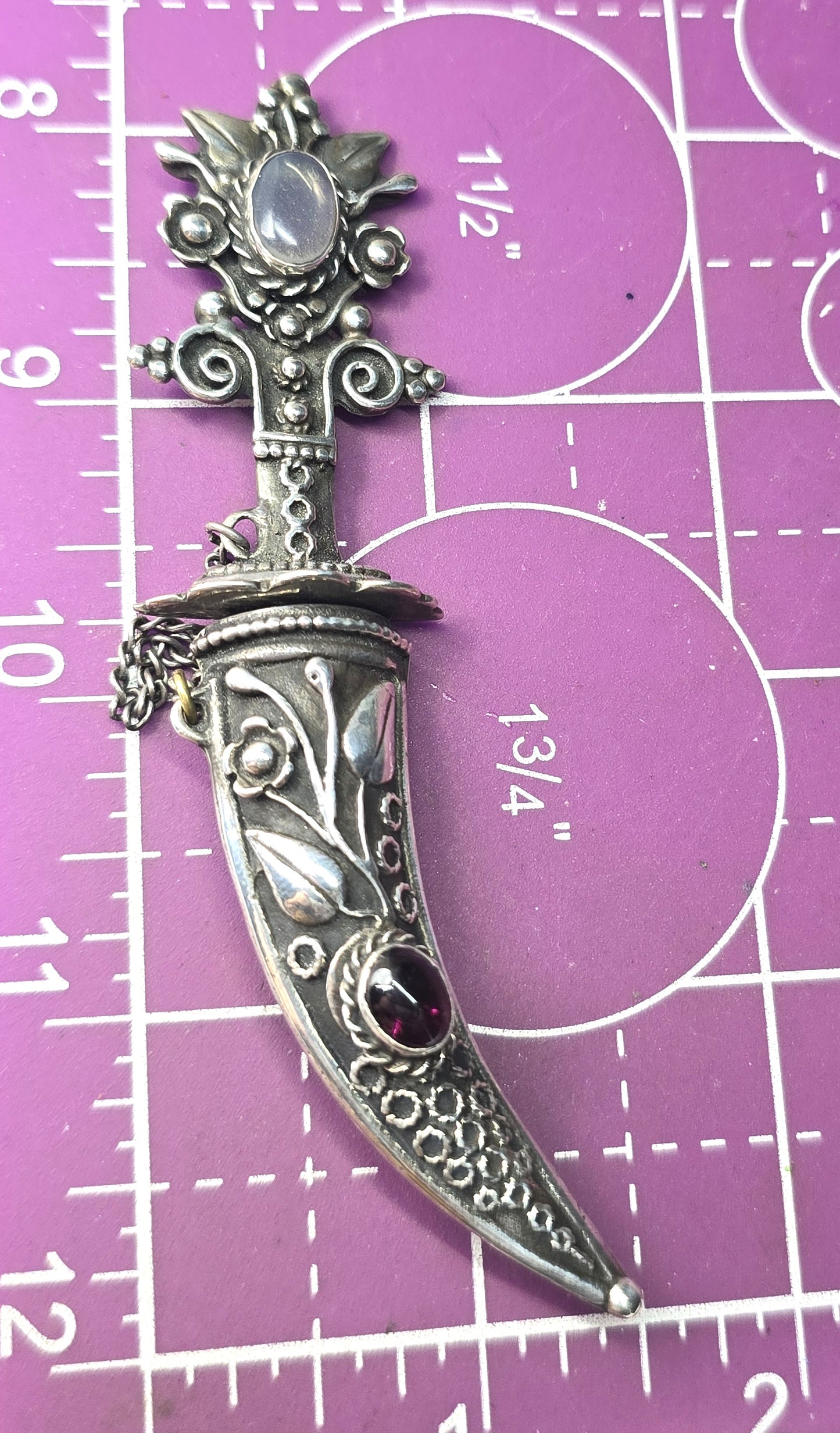 Large Khanjar-inspired Dagger in Scabbard Moonstone sterling silver Pin Brooch