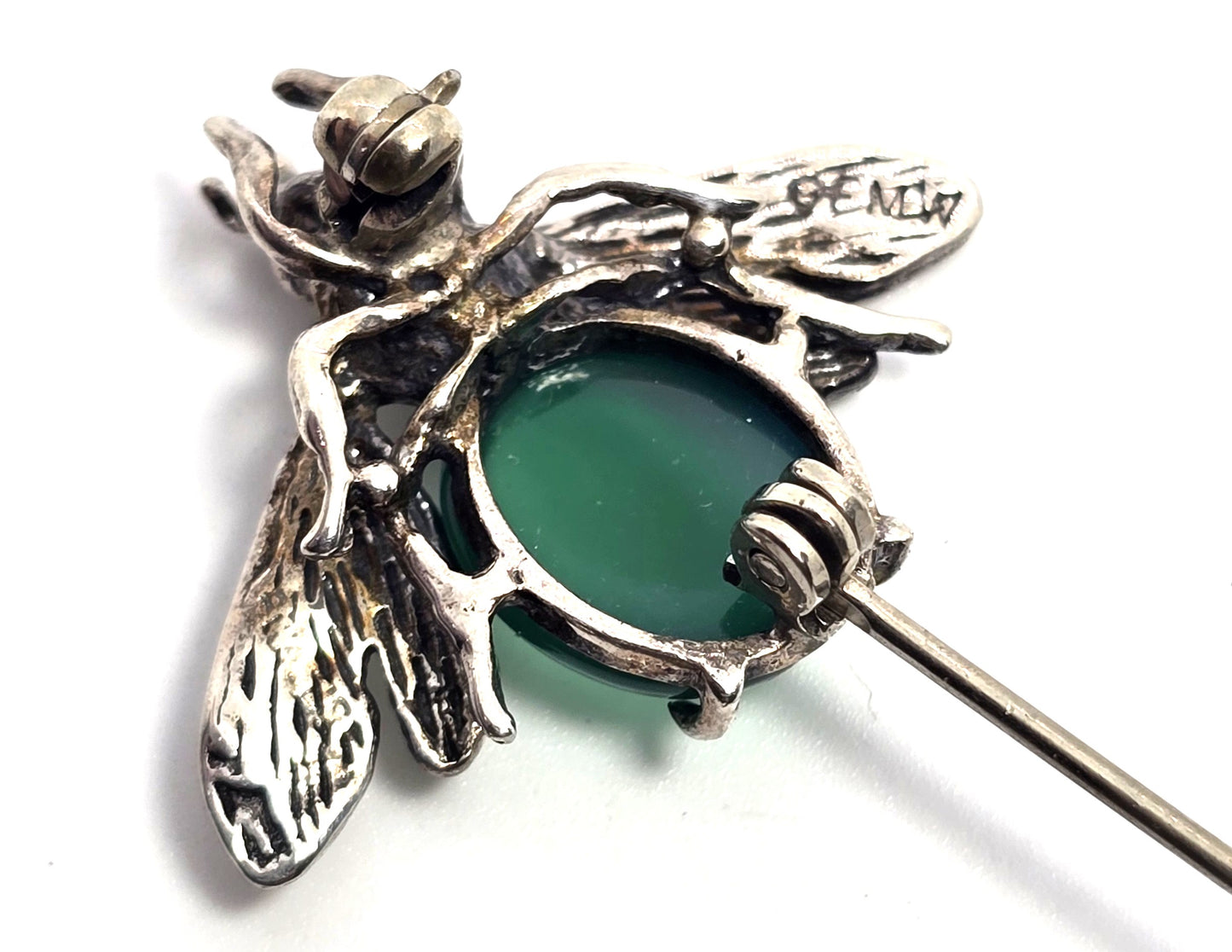 Green Chalcedony flying insect vintage sterling silver lapel brooch