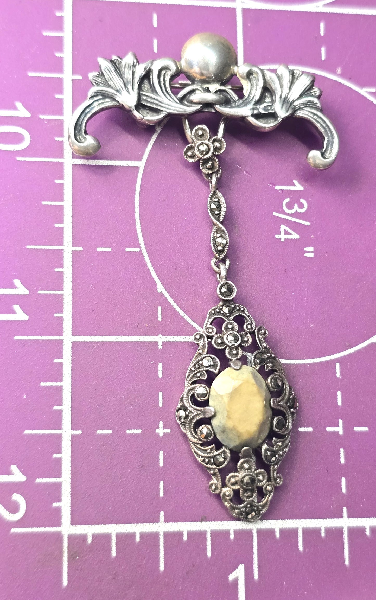 Art Nouveau Lily fob antique sterling silver fob brooch marcasite green stone drop