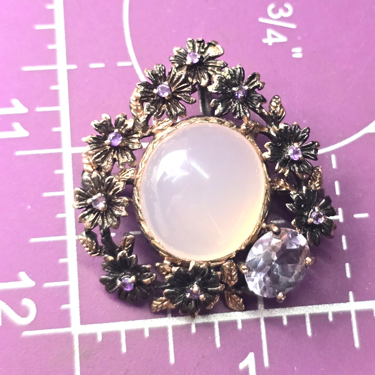 Rose Quartz Amethyst and Tanzanite gold over sterling silver pendant brooch
