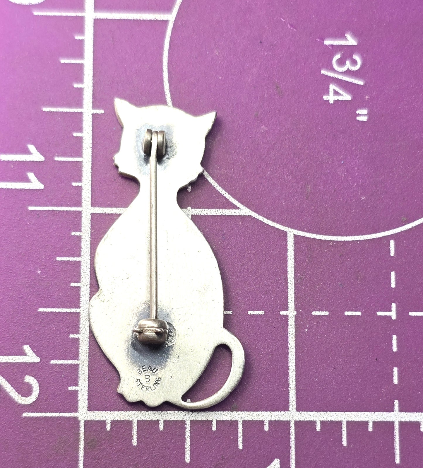 Beau Sterling modernist mid century cat vintage brushed sterling silver feline brooch