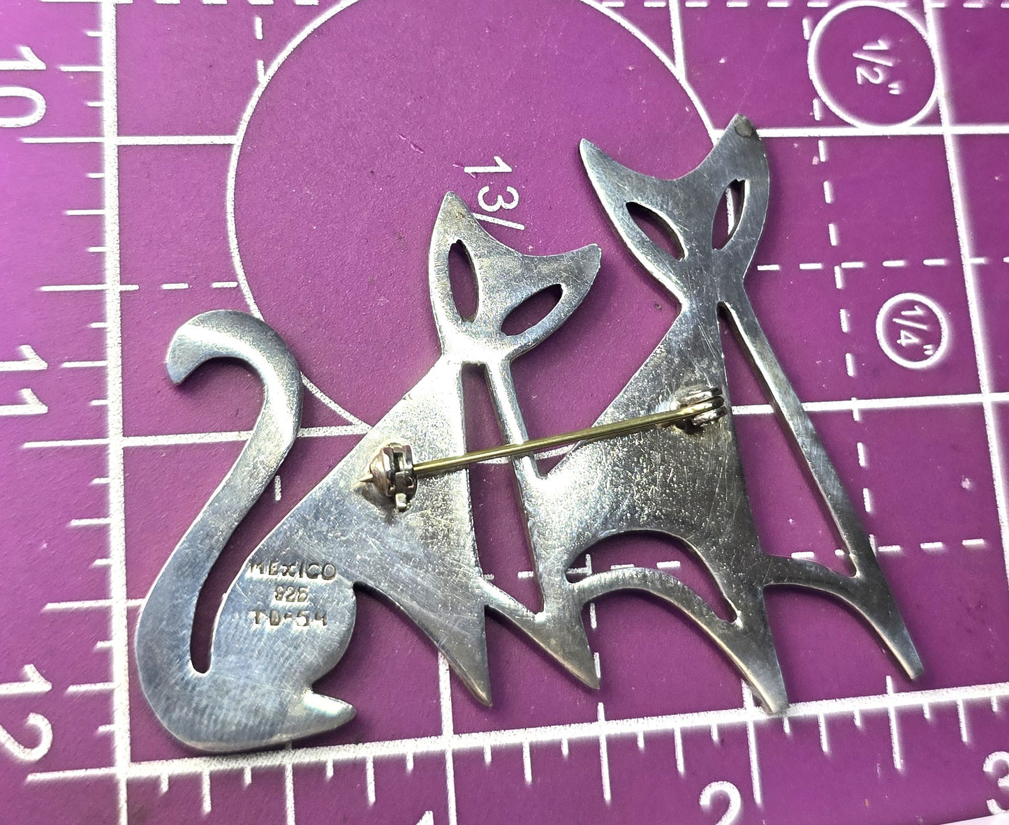 Taxco Mexican Double Kitty Cat Large vintage signed sterling silver feline brooch