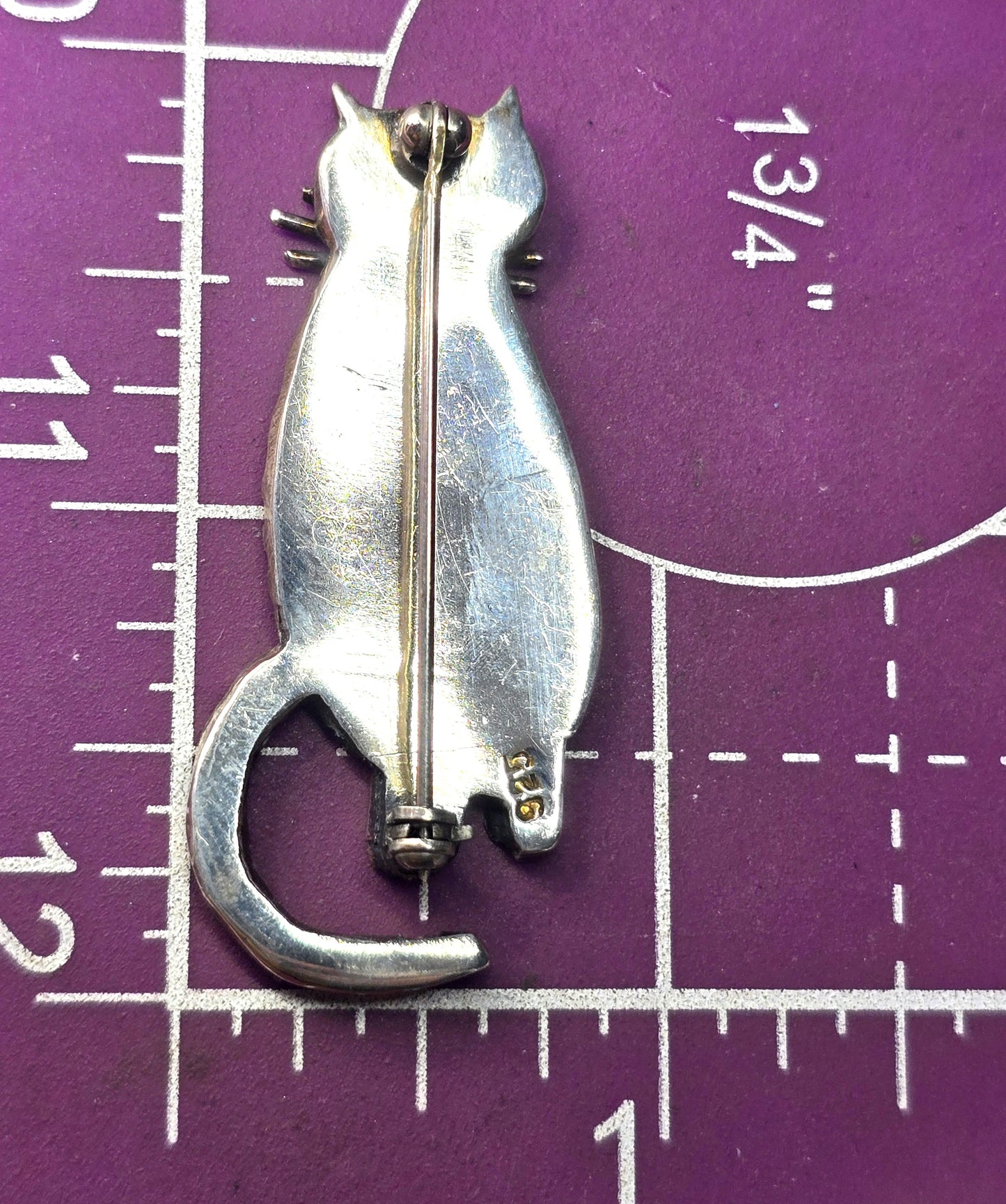 Stripped Kitty Cat sitting kitten vintage sterling silver feline brooch
