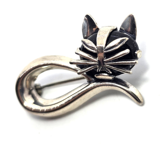 Beau Sterling black onyx modernist mid century cat vintage sterling silver brooch