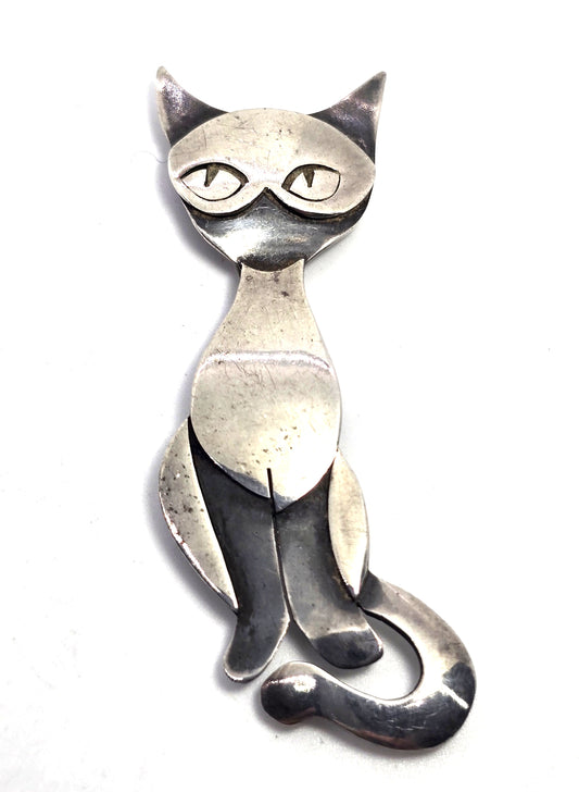 Coco the stalking Siamese sterling silver vintage tall feline brooch