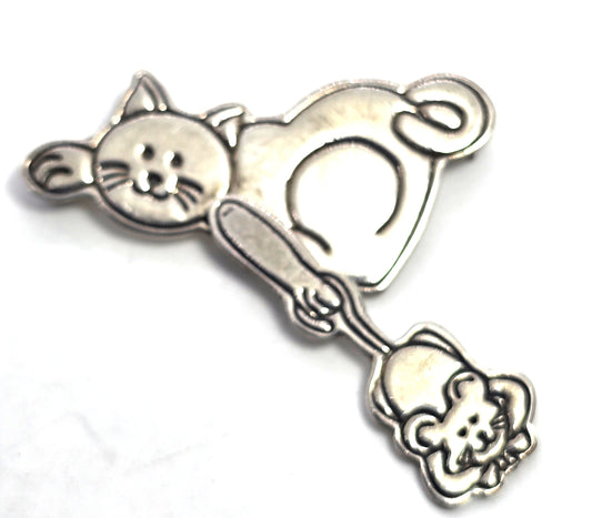 JRI Mexico Kitty Cat and mouse articulated vintage signed sterling silver brooch